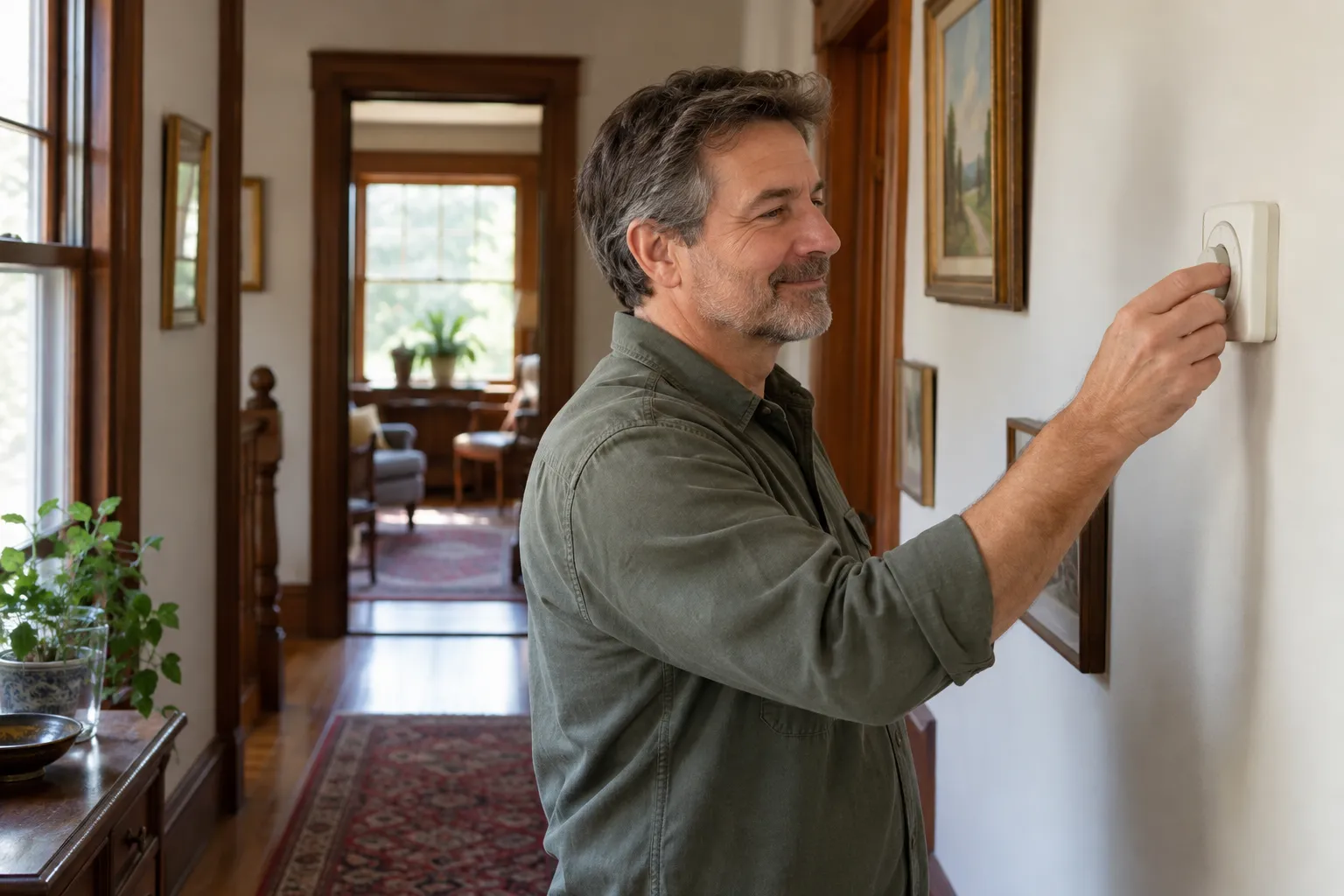 A homeowner checking a thermostat in a cozy older house in the Pasadena area